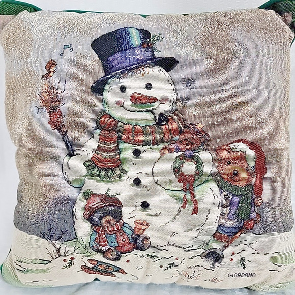 Vintage Riverdale Tapestry Throw Pillow Christmas Snowman Teddy Bears 16x16 - Picture 2 of 7